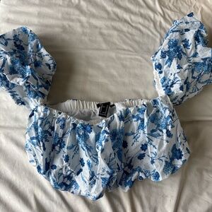 Forever21 white with blue patterned off shoulder crop top